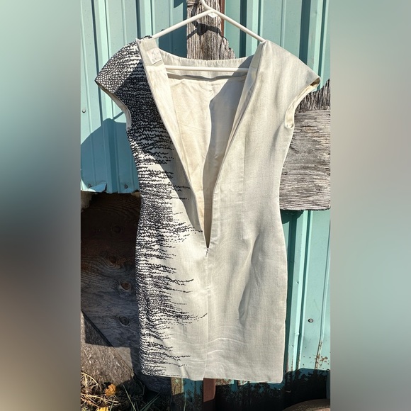 LELA ROSE SILK BLEND SHEATH DRESS Size 2 Ivory & Black Abstract Cap Sleeve Lined - Picture 5 of 8